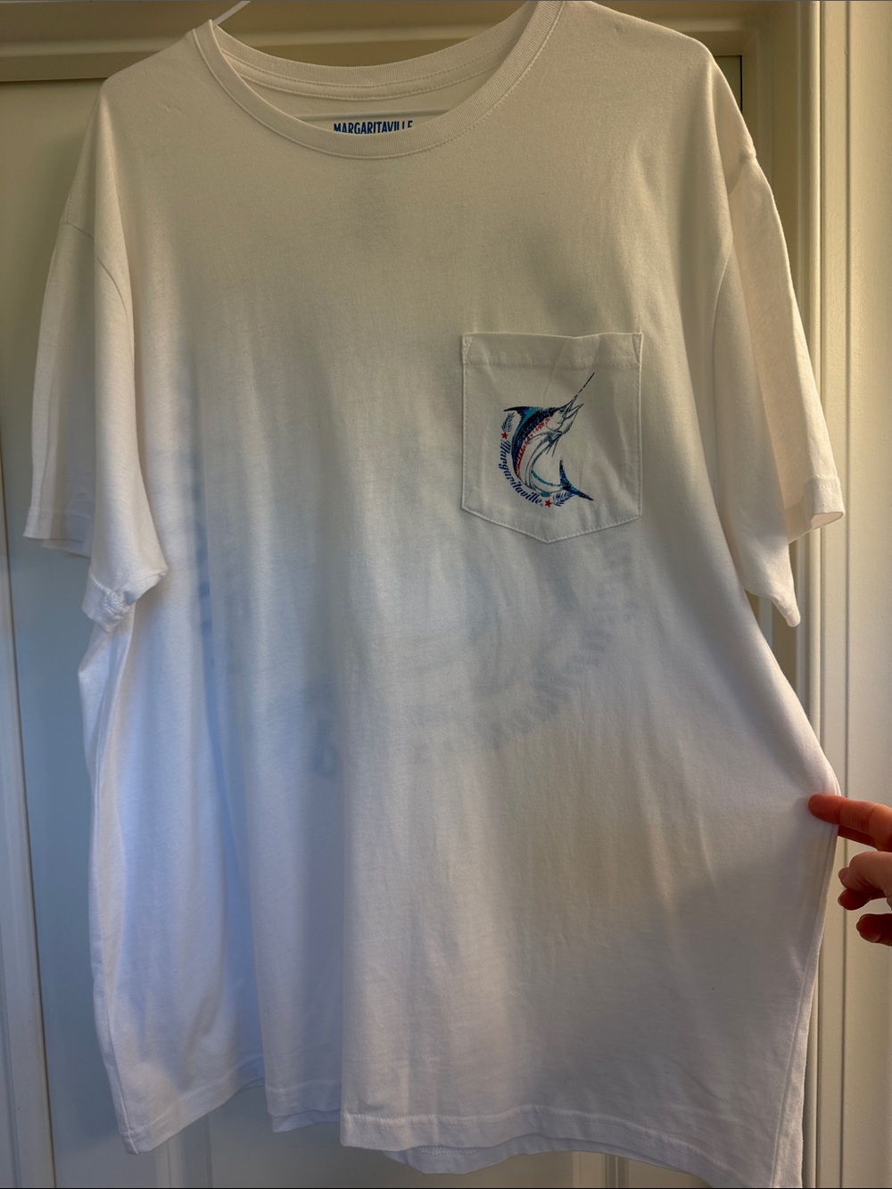 Margaritaville White Pocket Tee with Blue Marlin Embroidery